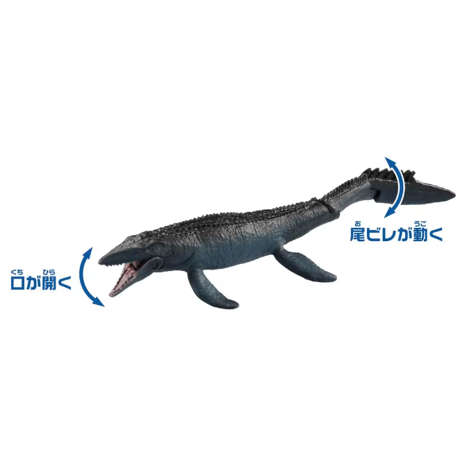  Dark blue mosasaur toy with articulated jaw and tail fin.