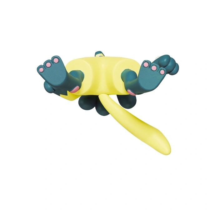  Yellow toy with blue feet, pink toes, and a tail, lying on its back.