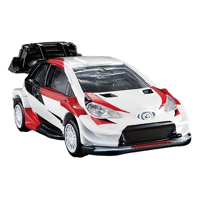  Toy rally car with white, red, and black paint scheme, featuring a large rear wing.