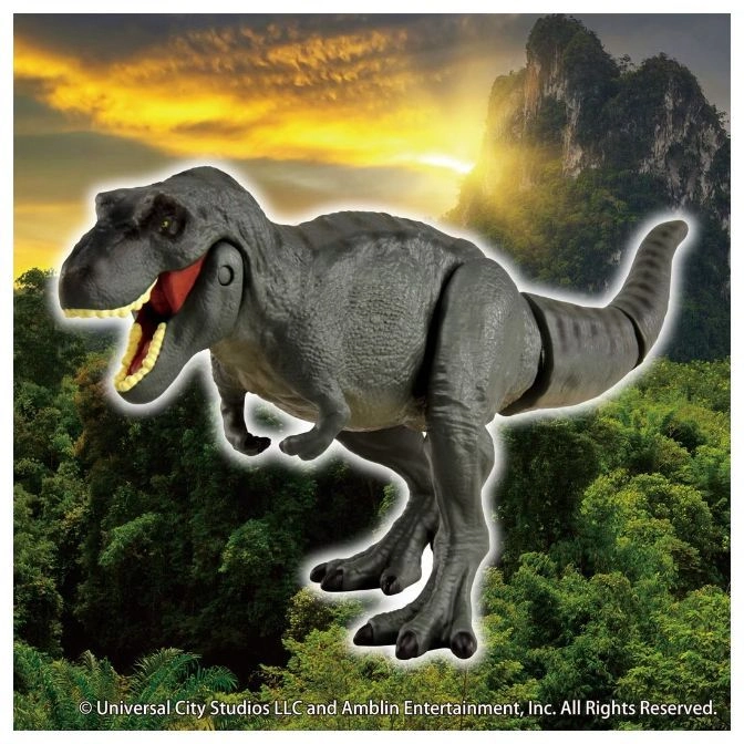  Gray T-Rex toy with open mouth, set against a jungle backdrop.