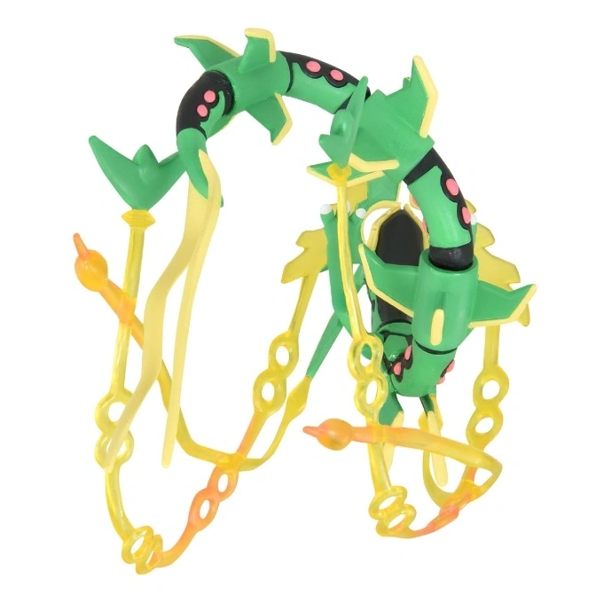  Green Rayquaza toy figure with yellow streamers and pink spots.