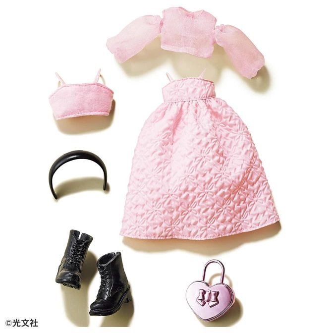  Doll clothes set: pink dress, top, shrug, boots, headband, heart-shaped purse.