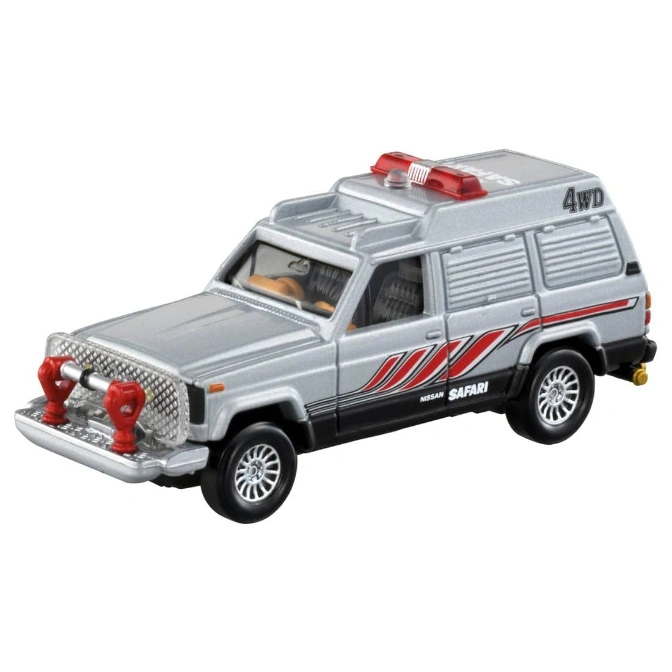 Silver Nissan Safari toy car with red accents and a 4WD label.