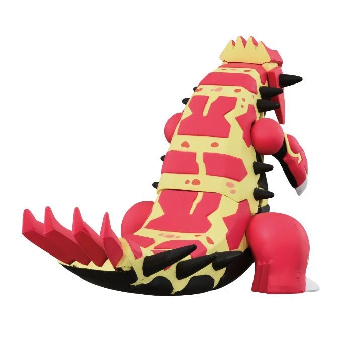  Red and yellow Groudon toy figure with black spikes.
