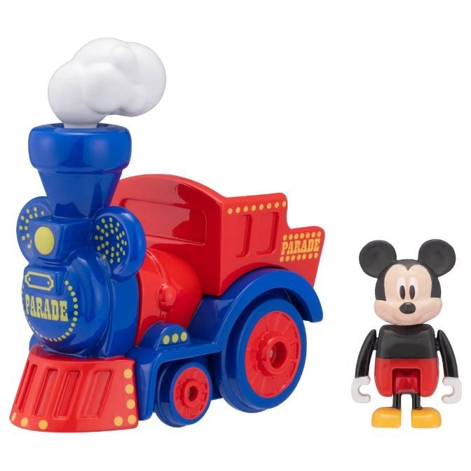  Mickey Mouse parade train toy with Mickey figure. Red and blue locomotive with steam.