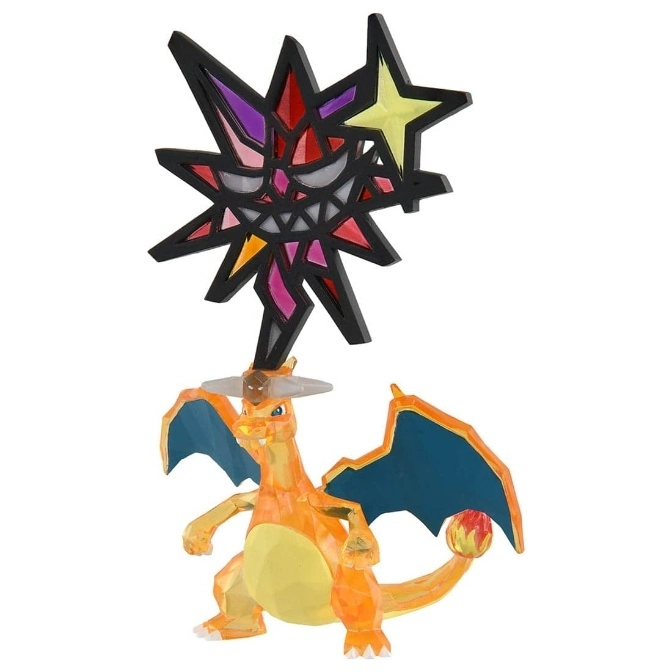Charizard figurine with a stained-glass-style Grimmsnarl above it.