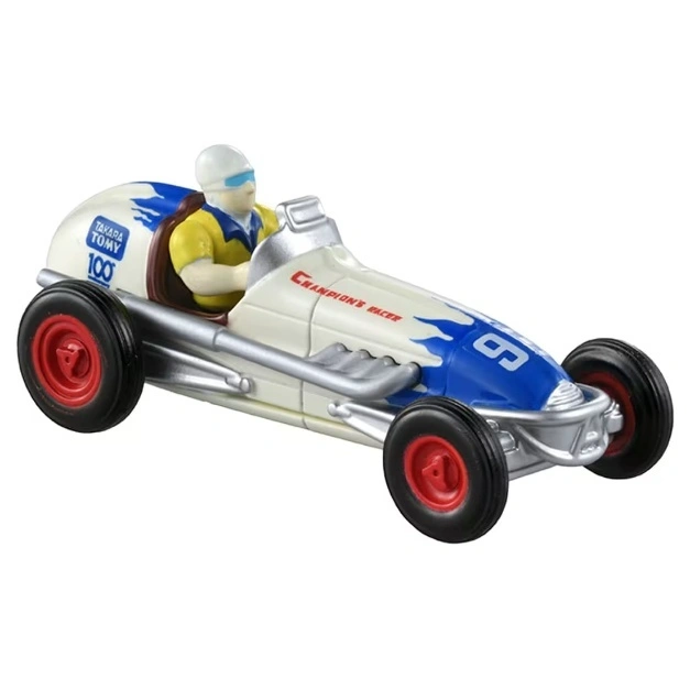  Toy race car with driver, white and blue with red wheels. "Champion's Racer" and "100" are printed on the car.