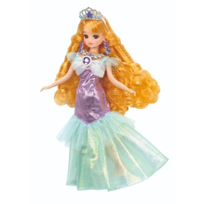 Doll with orange hair, crown, earrings, and a mermaid-style dress.