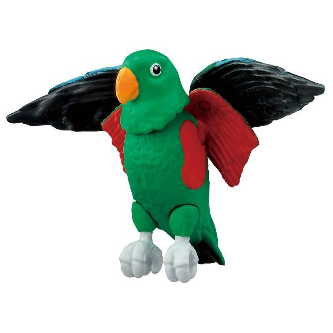  Green toy parrot with black and red wings, orange beak, and white feet.