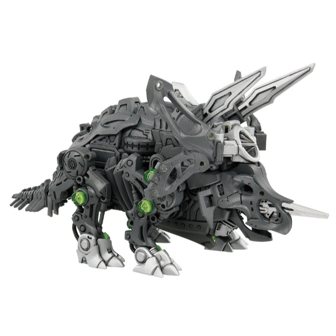  Gray mechanical triceratops toy with green lights and silver accents.