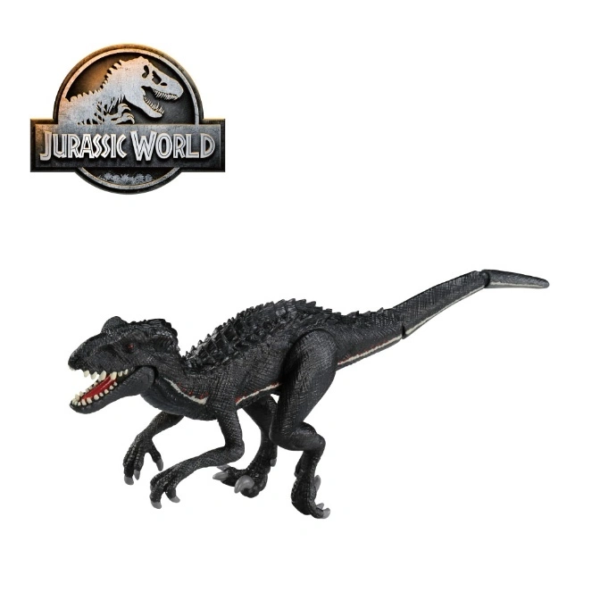 Black Indoraptor toy with red mouth open, Jurassic World logo in background.