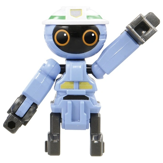  Blue robot toy with a white helmet raising its right arm.