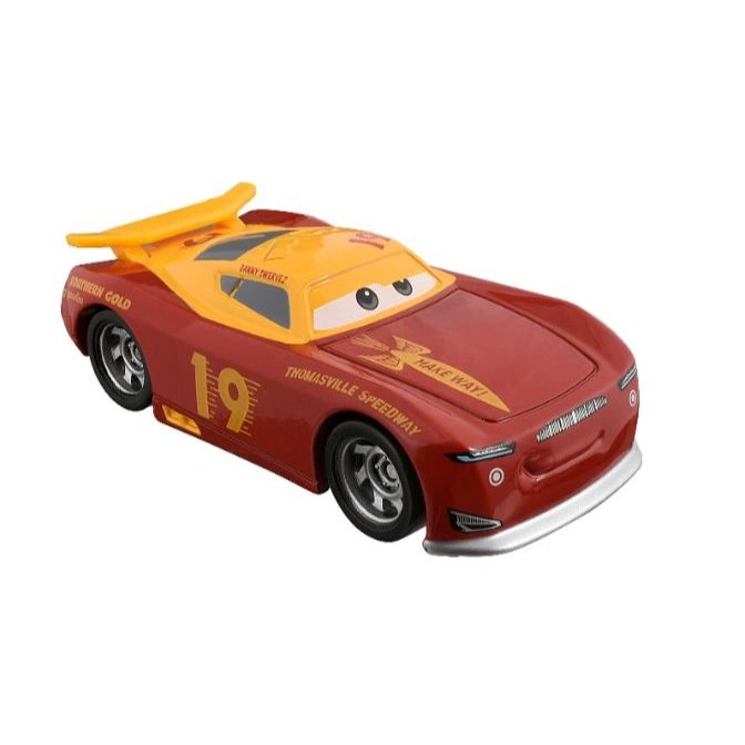  Red and yellow Disney Cars toy car with number 19, spoiler, and racing decals.