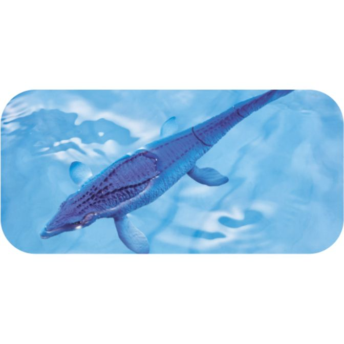  Blue plesiosaur toy swimming in water.