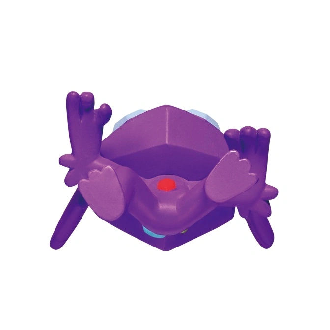  Purple toy with geometric head, arms, and legs spread out.
