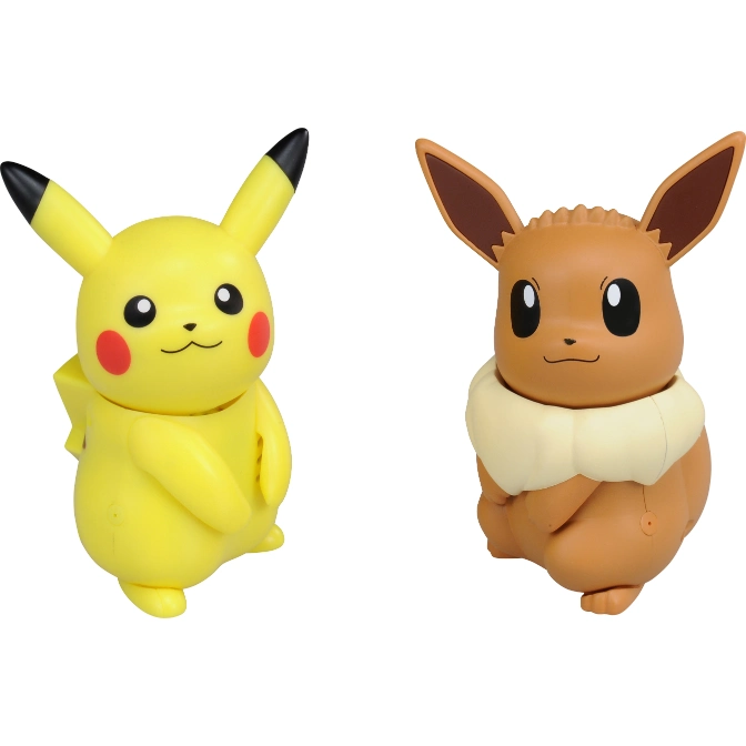  Pikachu and Eevee toy figures standing side-by-side. Pikachu is yellow, and Eevee is brown.