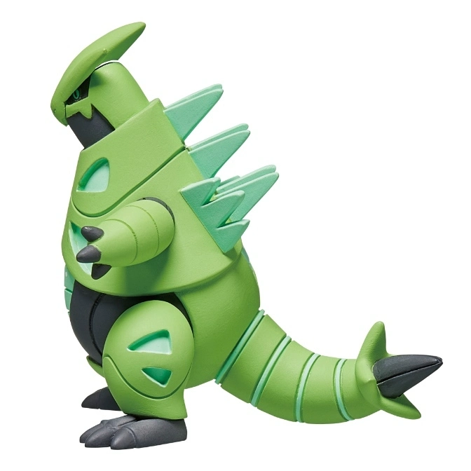  Green Tyranitar toy figure with spikes and segmented tail.