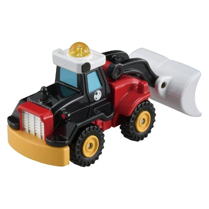  Toy bulldozer with a yellow blade, black body, red fenders, and a white snowplow attachment.