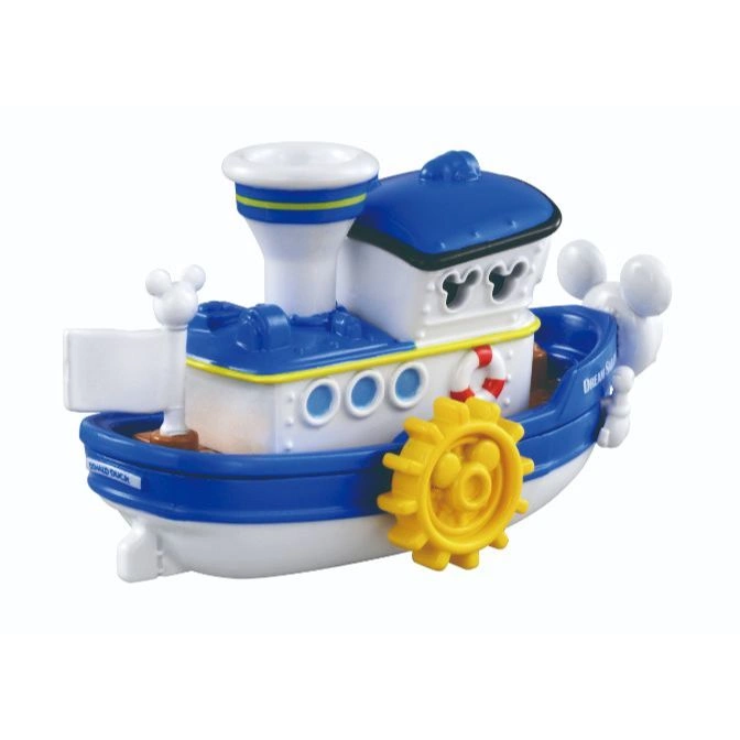  Blue and white toy steamboat with yellow paddle wheel and Mickey Mouse details.