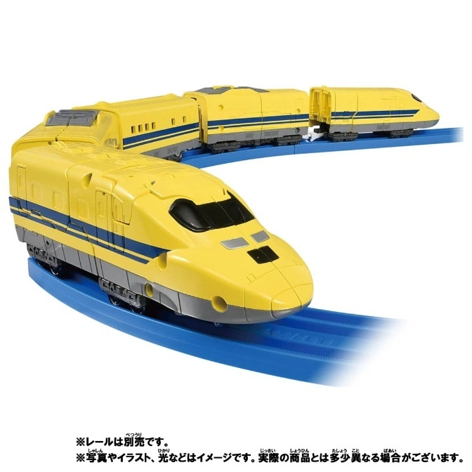  Yellow toy bullet train on blue tracks, featuring multiple cars and a sleek design.