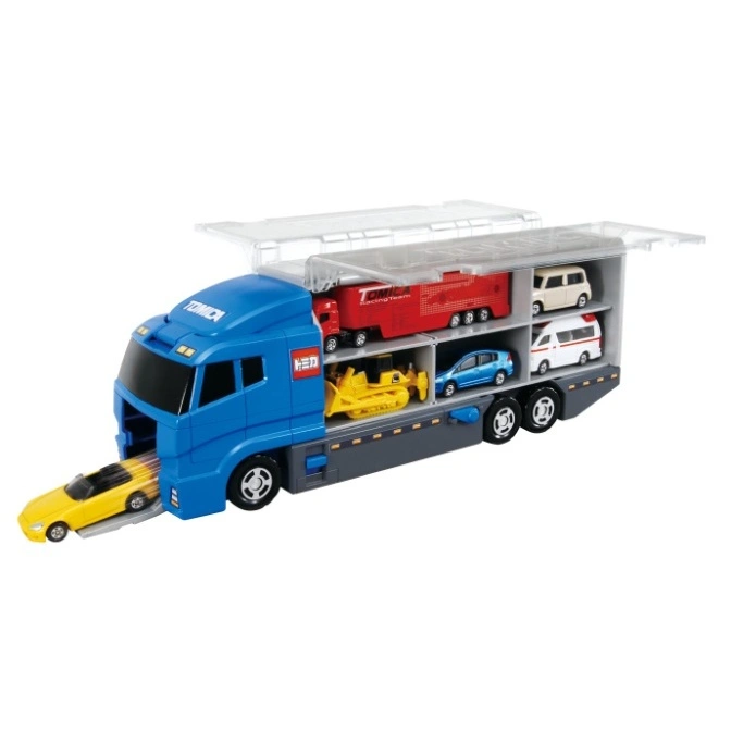  Tomica carrier truck toy with multiple toy cars, bulldozer, and truck inside, and a yellow car exiting.