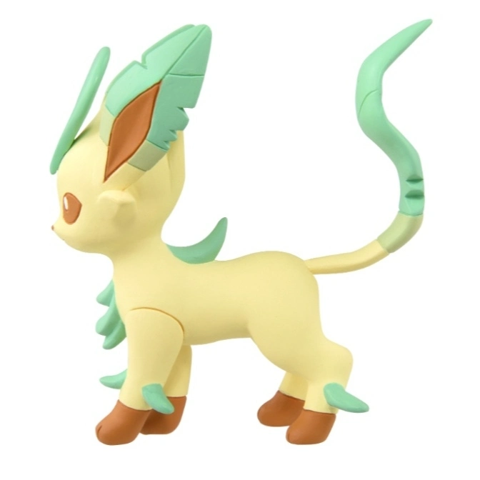  Leafeon toy figure, light yellow body with green leaf accents and brown hooves, standing in profile.