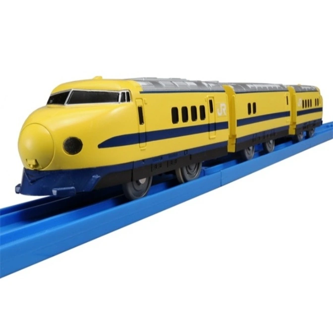 Yellow toy bullet train on blue tracks. Features include a rounded nose and blue stripes.