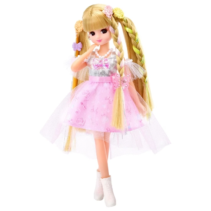  Doll with blonde hair in braids, pink dress, and white boots.