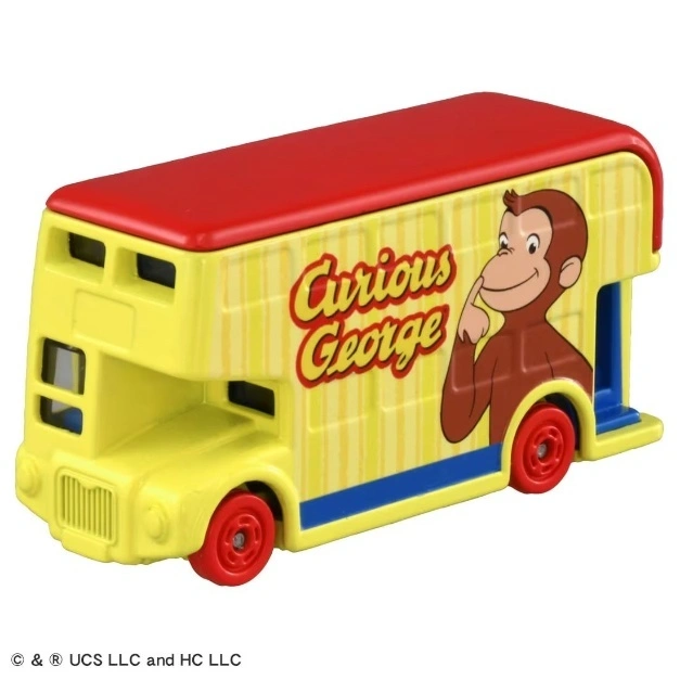 Curious George double-decker toy bus, yellow with red roof and wheels.
