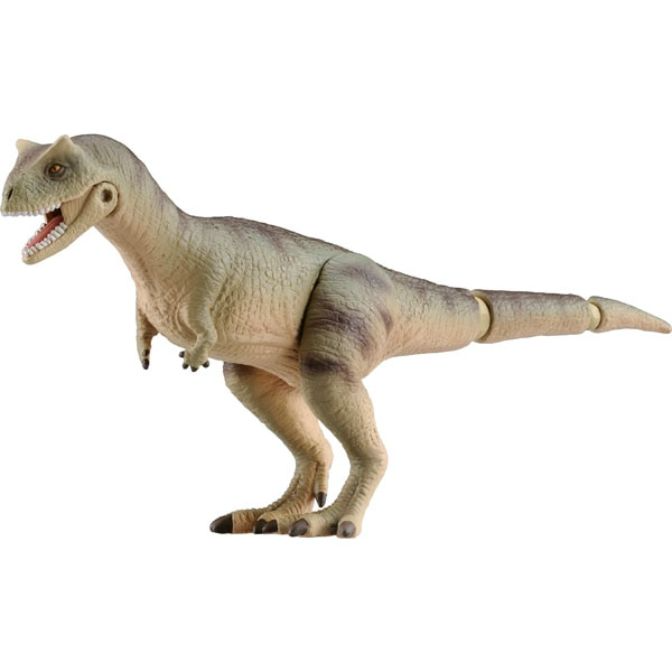 Dinosaur toy with articulated tail, beige skin, and visible teeth.