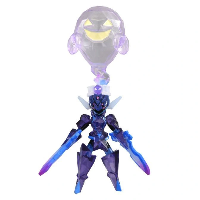 Translucent purple robot toy with ghost head and blue swords.