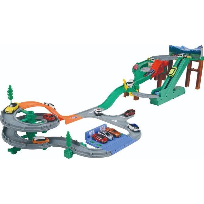  Toy car playset with ramps, spiral track, parking garage, and miniature cars.