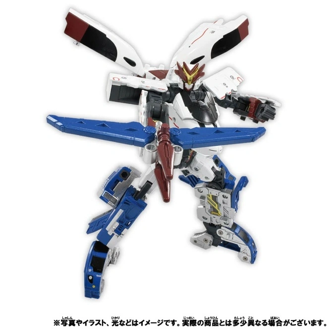  Robot toy with white, blue, and red parts in a dynamic pose, resembling a transforming vehicle.