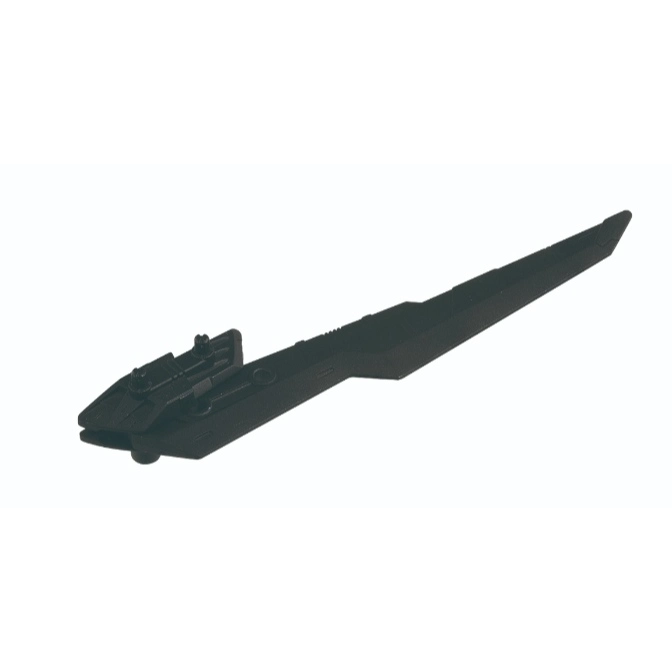  Black toy spaceship with angular design, featuring cockpit details and a sleek, pointed hull.