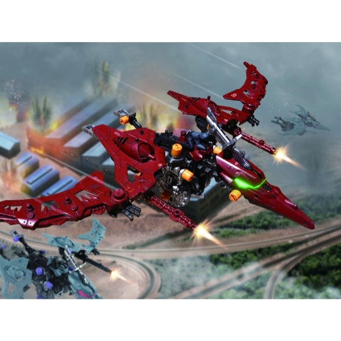  Red futuristic toy aircraft firing weapons in a battle scene, with other aircraft in the background.