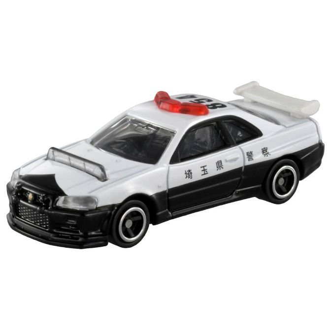 Toy police car with red light bar and spoiler. Black and white paint job.