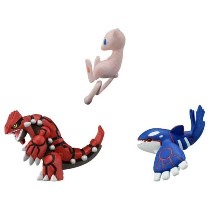  Three Pokémon figures: Mew, Groudon, and Kyogre, posed against a white background.