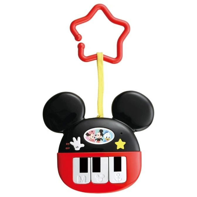 Mickey Mouse piano toy with star-shaped hanger. Features include on/off switch and character images.