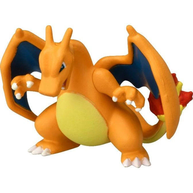  Charizard toy figure with orange body, yellow belly, blue wings, and flame on tail.