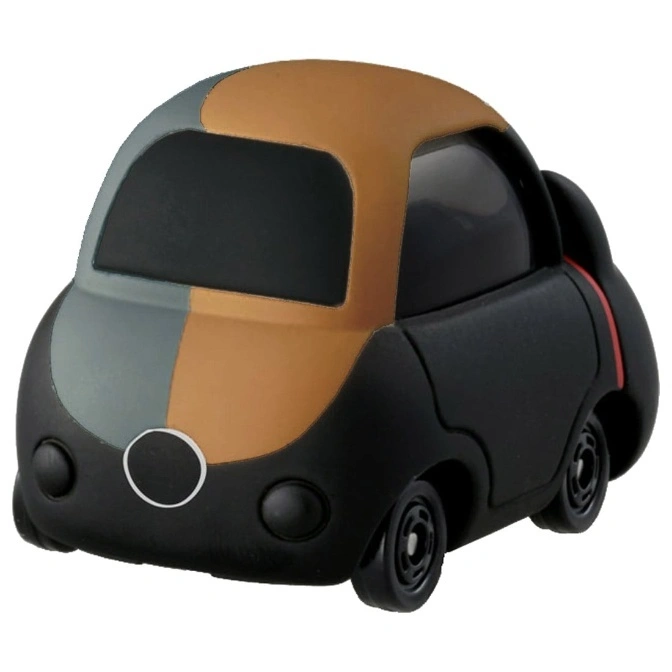  Two-tone toy car with black body, brown roof, and grey front. Features round headlights and a circular emblem.