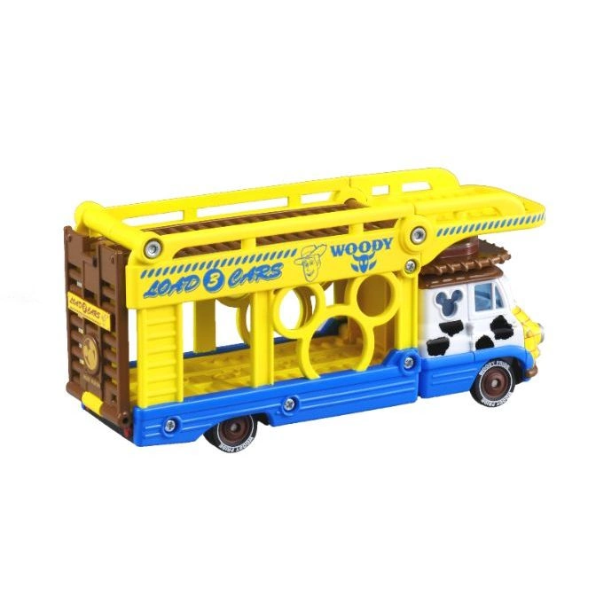  Toy Story Woody car carrier with yellow and blue accents, featuring Woody's name and a Mickey Mouse design.