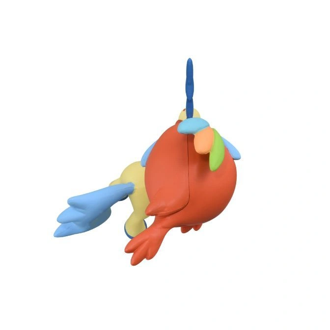  Colourful bird toy with red body, blue wings, and a green feather.