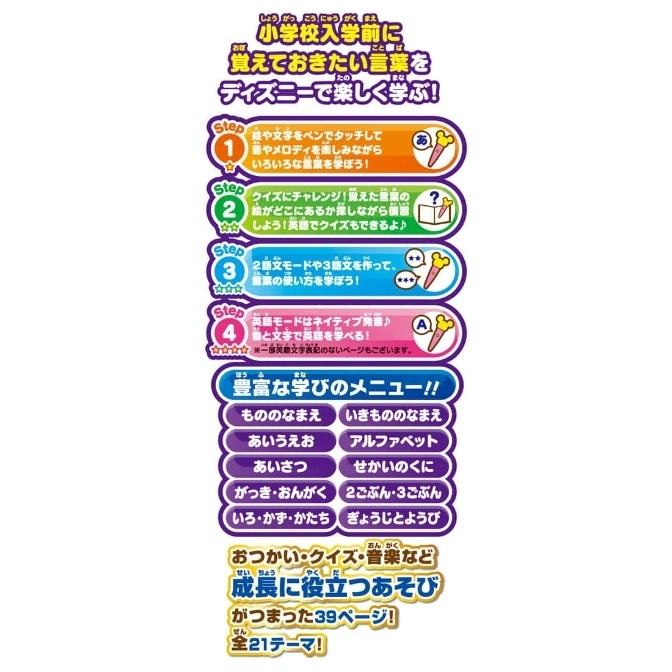  Disney learning toy: Teaches words with sounds, quizzes, and English mode. 39 pages, 21 themes.