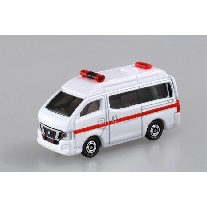  Toy ambulance van with red stripes and emergency lights on a gray background.