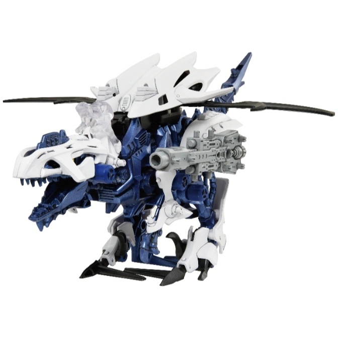  Blue and white dinosaur robot toy with weapons and helicopter blades.