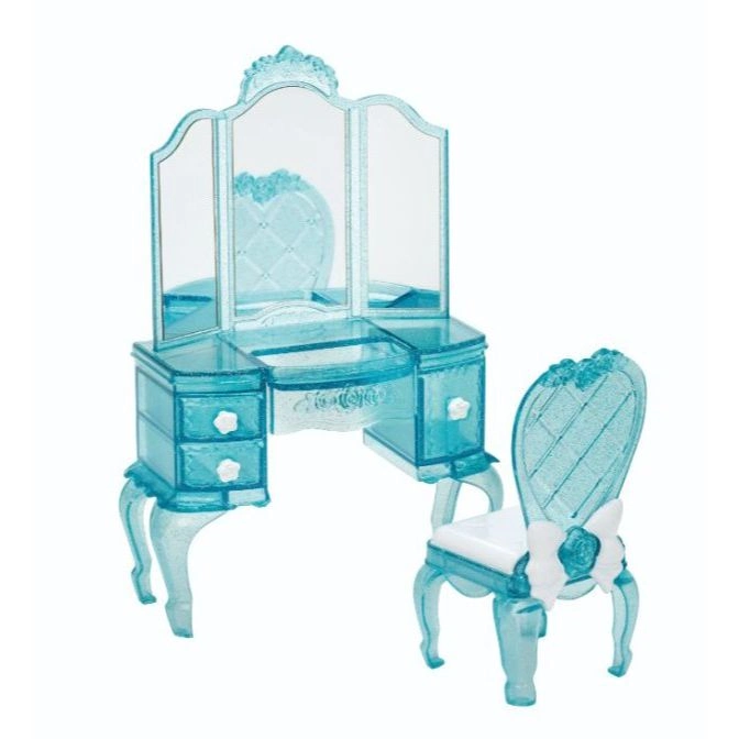  Toy vanity with mirror and chair. Blue, translucent plastic with white accents.