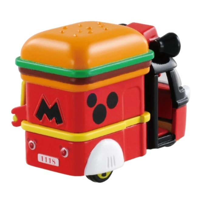  Red toy tuk-tuk with burger roof, Mickey Mouse logo, and '1118' license plate.