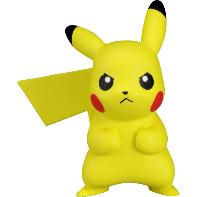  Yellow Pikachu toy figure with black-tipped ears, red cheeks, and an angry expression.