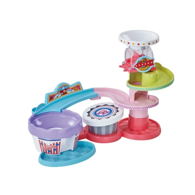  Donut toy set with a winding track, dispenser, and collection bin. Features pastel colors and shop details.