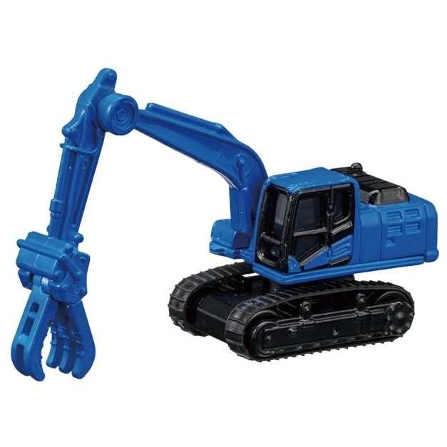  Blue toy excavator with a grapple attachment and black treads.